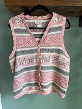 Vintage Cottagecore Floral Sweater Vest Pink Button Front Knit Top 90s Small